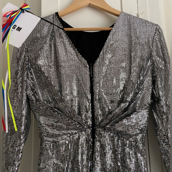 MSGM Sequin Long Sleeve Ruched Silver Mini Dress sz 38 - Picture 11 of 14
